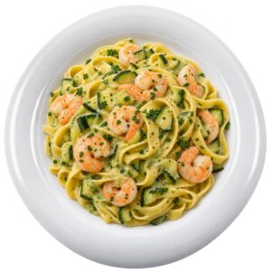 Tagliatelle con crema di zucchine e gamberetti