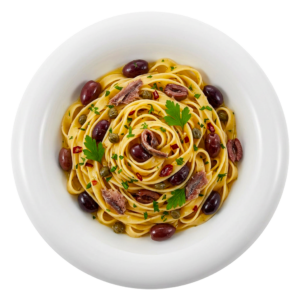 Tagliatelle acciughe capperi e olive